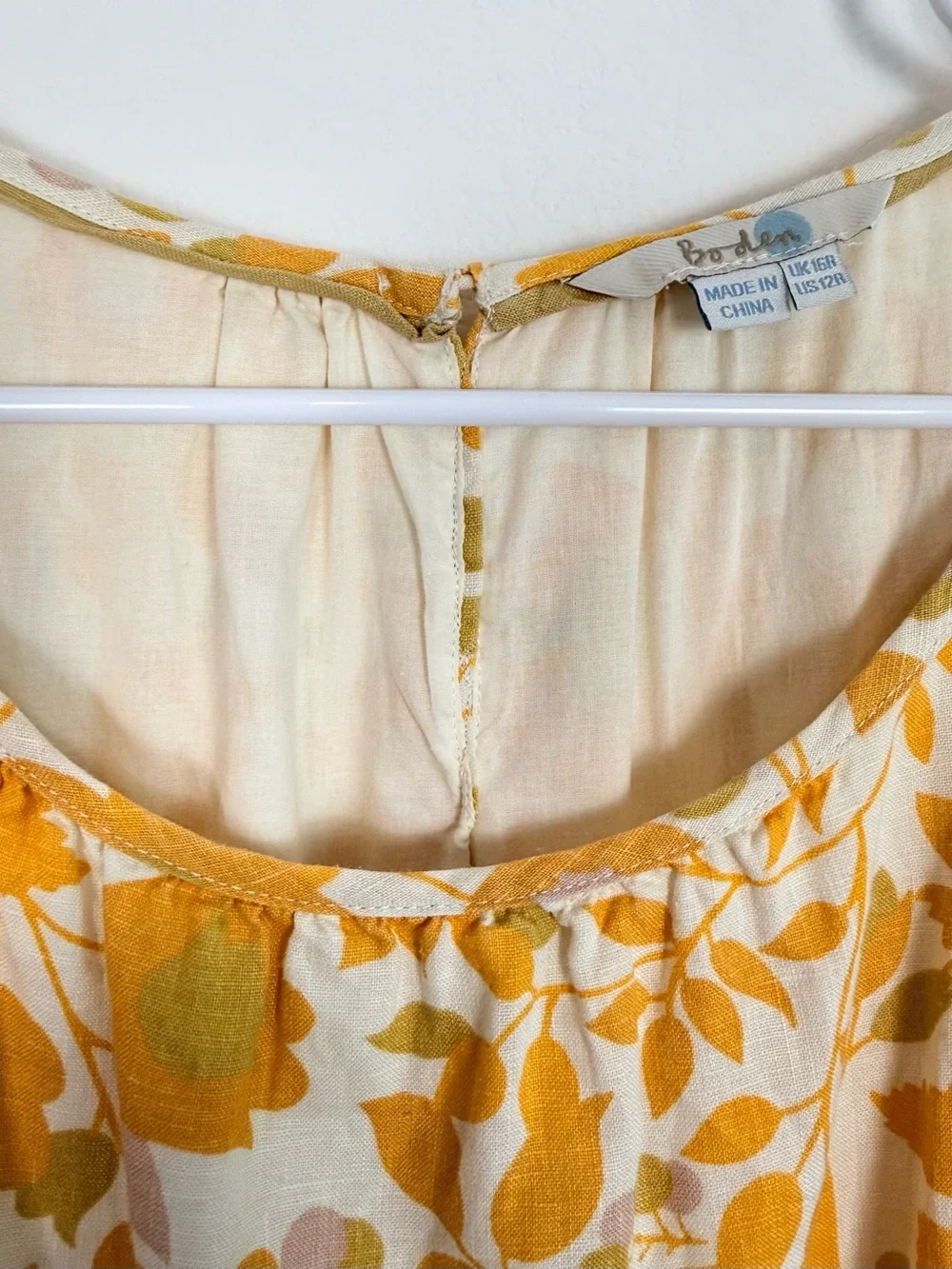 Boden Yellow Floral Print Linen Dress Lace Trim Hem Short Sleeve Fit & Flare 12R
